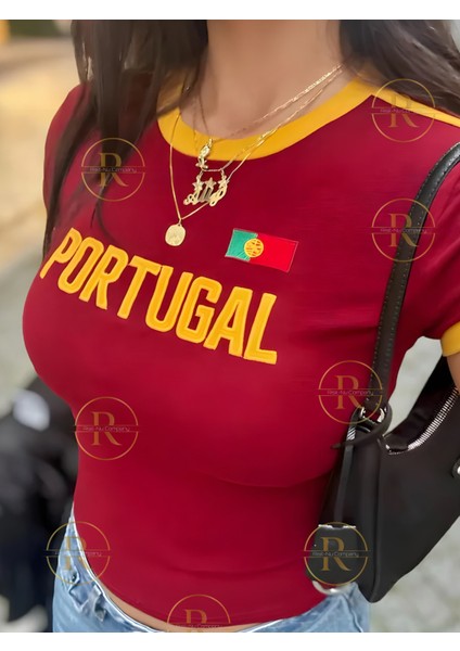 Sarı Biye Detaylı Brasil, Portugal, Jamaica Baskılı Esnek Kumaş Crop T-Shirt fırsatları