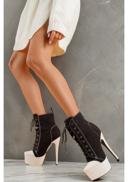 Kadın Bağcıklı Platform Topuklu Bot Yüksek Taban Şık Kumaş Model Allstar