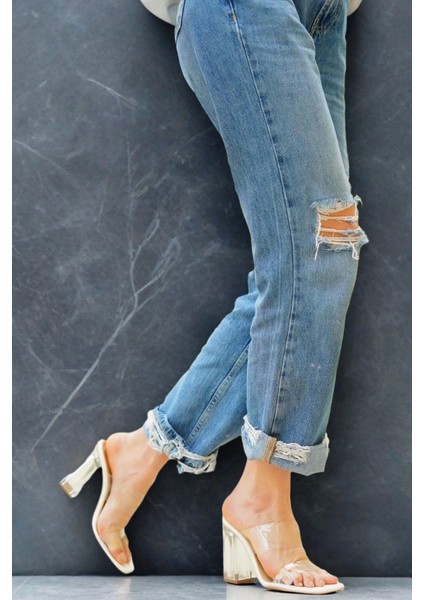 Kadın Şeffaf Bantlı Kalın Topuklu Terlik Modern Tasarım