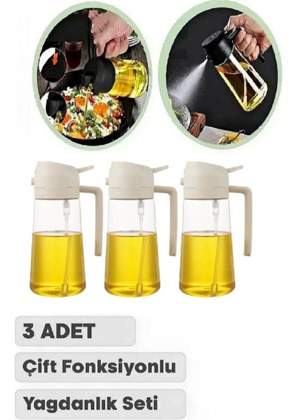 3'lü Cam Yağdanlık Seti, 550 ml, Sprey, Sirkelik, Zeytinyağı ve Sıvıyağ için ideal