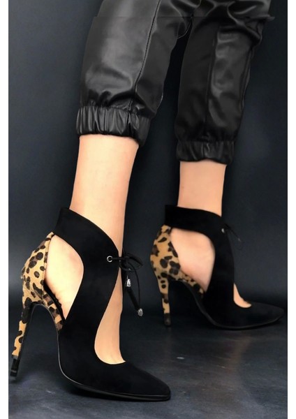 Şık Desenli Siyah Ince Topuklu Bilekten Bağlamalı Günlük ve Gece Stiletto Ayakkabı