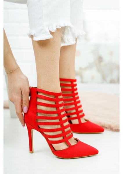 Kadın Çok Bantlı Ince Topuklu Ayakkabı Fermuarlı Sivri Burun Özel Tasarım Model