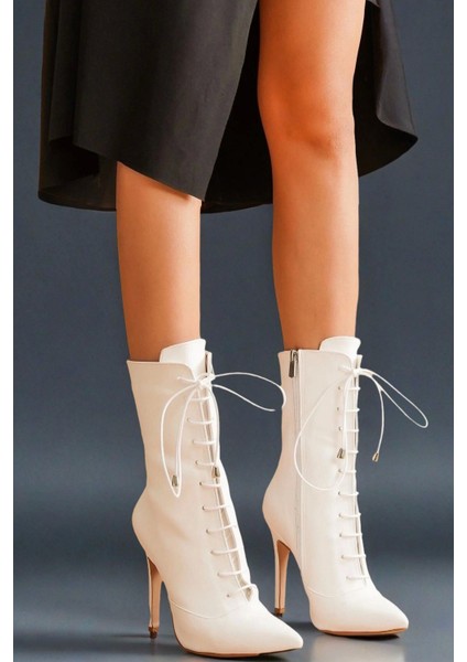 Stil Modern Kadın Bağcıklı Ince Topuklu Uzun Bot Özel Tasarım Gündüz Gece Abiye Ayakkabı