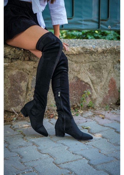 Stil Modern Kadın Kısa Topuklu Diz Üstü Streç Çizme Özel Tasarım Gündüz Gece Abiye Ayakkabı