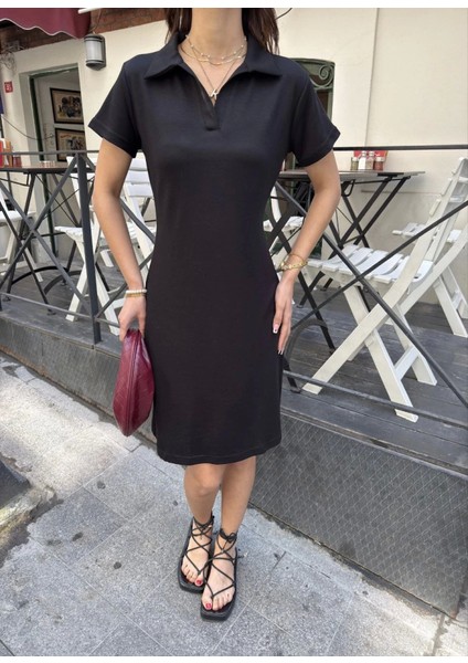 Osy Modal Yumuşak Dokulu Kumaş Yakalı Kısa Kollu Elbise - Siyah fiyatları