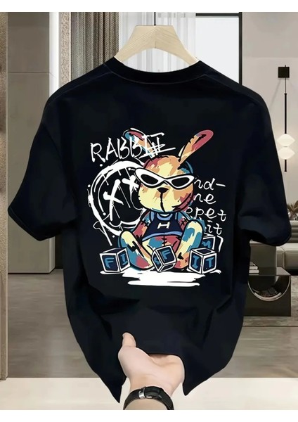 Baskılı Oversize Bisiklet Yaka T-Shirt - Siyah