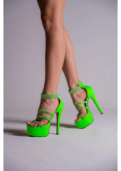 Kadın Taşlı Neon Platform Ince Topuklu Sandalet Gece Şıklığı Model