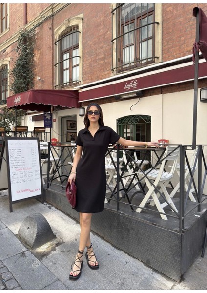 Osy Modal Yumuşak Dokulu Kumaş Yakalı Kısa Kollu Elbise - Siyah fırsatları