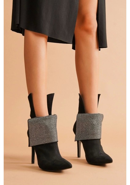 Stil Modern Kadın Yaka Taşlı Sivri Burun Bot Özel Tasarım Gündüz Gece Abiye Ayakkabı