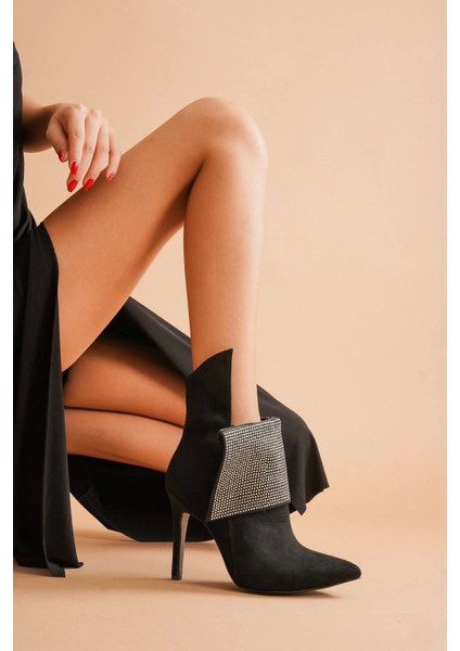 Stil Modern Kadın Yaka Taşlı Sivri Burun Bot Özel Tasarım Gündüz Gece Abiye Ayakkabı fırsatları