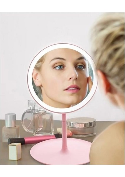 Dokunmatik Parlaklık Ayarlı Işıklı Makyaj Aynası, Table Lamp Makeup Mırror (Pembe Renk)