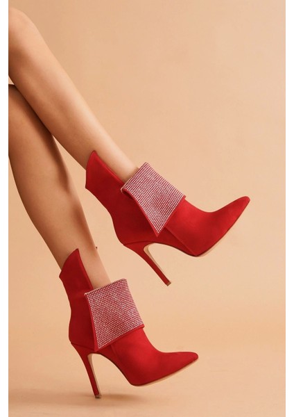 Stil Modern Kadın Yaka Taşlı Sivri Burun Bot Özel Tasarım Gündüz Gece Abiye Ayakkabı