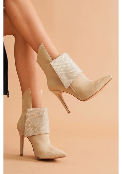 Stil Modern Kadın Yaka Taşlı Sivri Burun Bot Özel Tasarım Gündüz Gece Abiye Ayakkabı