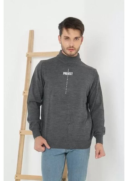 Baskılı Yarım Boğazlı Uzun Kol Dokuma Triko - Füme