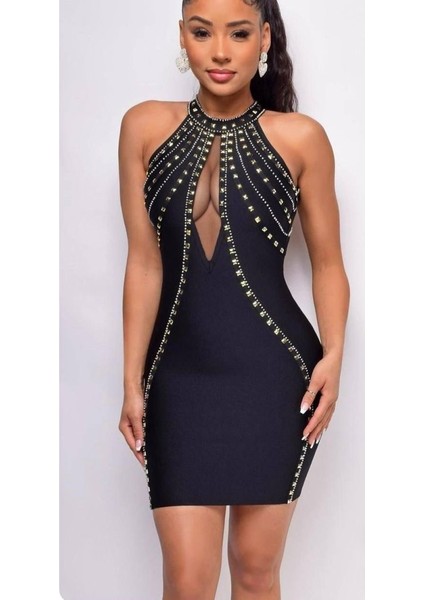Kadın Dalgıç Kumaş Taş Detaylı Mini Boy Elbise