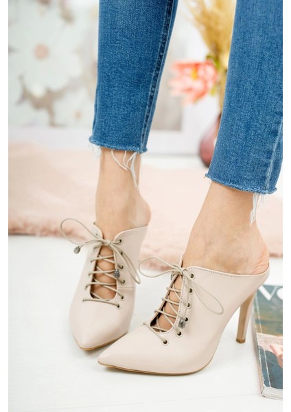 Stil Modern Kadın Bağcıklı Sivri Burun Ince Topuklu Terlik Özel Tasarım Gündüz Gece Abiye Ayakkabı