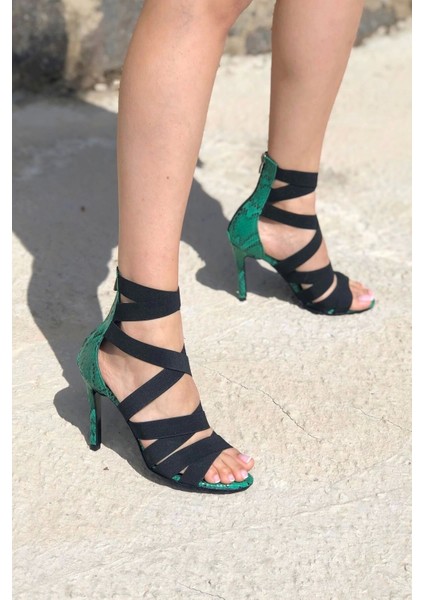 Kadın Çapraz Elastik Bantlı Stiletto Topuklu Arka Fermuarlı Ayakkabı Sandalet Modeli fiyatları