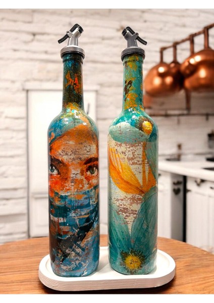 El Yapımı Soyut Kadın Portresi ve Çiçek Motifli Vintage Yağdanlık Set, Mutfak Sosluk, Sirkelik