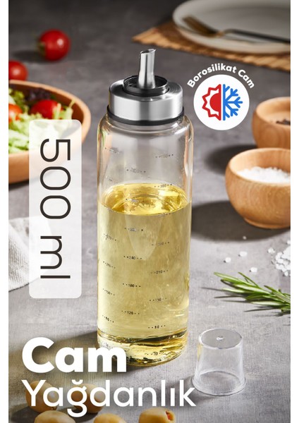 Turuncu 500 ml cam yağlık ve sirkelik, pratik kullanım, şeffaf tasarım
