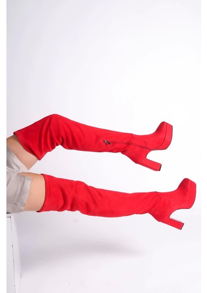 Stil Modern Kadın Kalın Topuk Diz Üstü Streç Çizme Özel Tasarım Gündüz Gece Abiye Ayakkabı