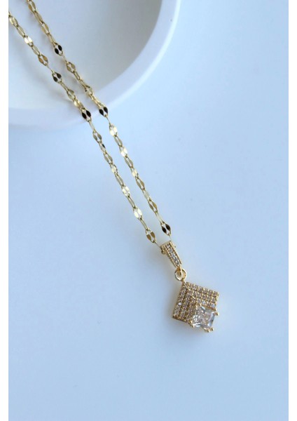 Zarif Baget Zirkon Taşlı Tasarım Renk Atmaz Kararmaz Kadın Çelik Kolye