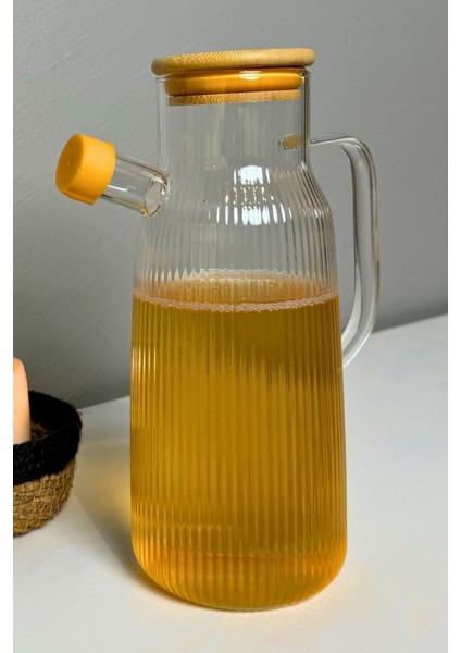 Borosilikat Cam Yağdanlık 1000 ml Bambu Kapaklı Yağ Sürahisi, Yağ ve Sirke Kabı