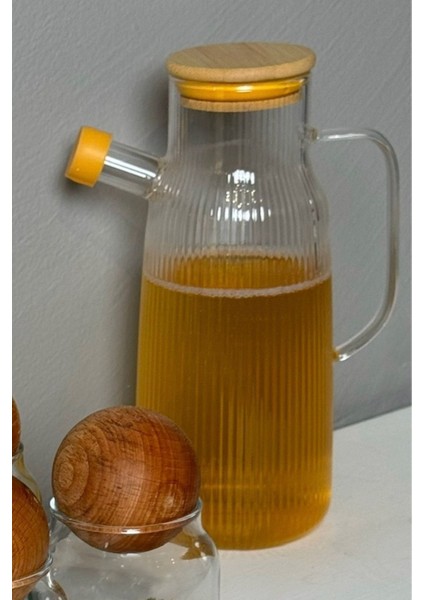 Borosilikat Cam Yağdanlık 1000 ml Bambu Kapaklı Yağ Sürahisi, Yağ ve Sirke Kabı