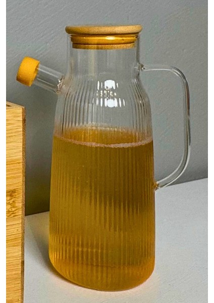 Borosilikat Cam Yağdanlık 1000 ml Bambu Kapaklı Yağ Sürahisi, Yağ ve Sirke Kabı