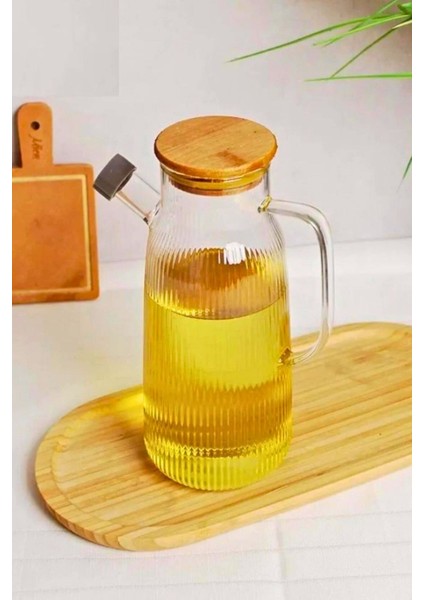 Borosilikat Cam Yağdanlık 1000 ml Bambu Kapaklı Yağ Sürahisi, Yağ ve Sirke Kabı