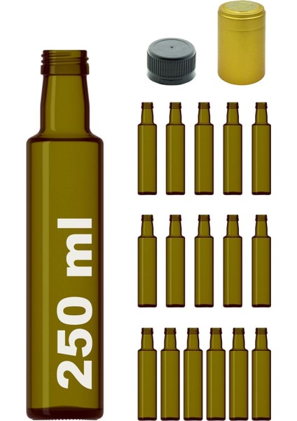 250 ml Yeşil Dorika Kilitli Kapaklı ve Kapüşonlu Yuvarlak 250 cc Boş Cam Şişe 16 Adet