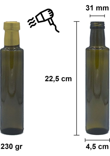250 ml Yeşil Dorika Kilitli Kapaklı ve Kapüşonlu Yuvarlak 250 cc Boş Cam Şişe 40 Adet