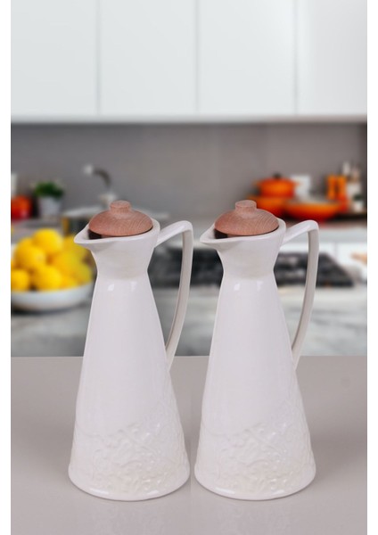 Bambu Kapaklı Porselen Yağlık ve Sirkelik Takımı 2'li 1150ml Set