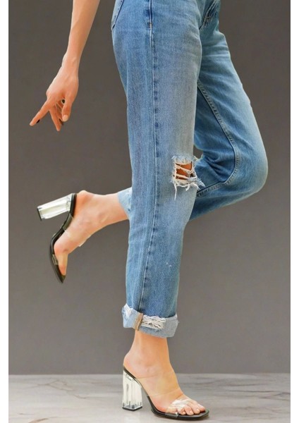 Kadın Şeffaf Bantlı Kalın Topuklu Terlik Modern Tasarım fırsatları