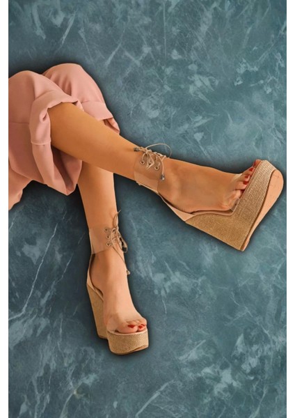 Kadın Elegant Ayakkabı Bağcıklı Dolgu Topuklu Ayakkabı Özel Tasarım Abiye Ayakkabı