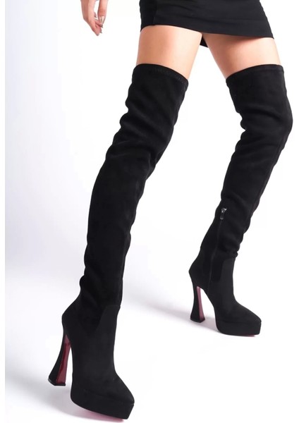 Kadın Elegant Ayakkabı Sivri Burun Platform Diz Üstü Streç Çizme Özel Tasarım Abiye Ayakkabı