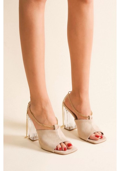 Kadın Elegant Ayakkabı Zincir Detaylı Şeffaf Topuklu Terlik Özel Tasarım Abiye Ayakkabı