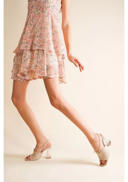 Kadın Elegant Ayakkabı Zincir Detaylı Şeffaf Topuklu Terlik Özel Tasarım Abiye Ayakkabı modelleri