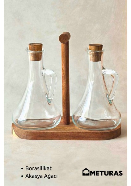 Şeffaf borosilikat cam yağdanlık ve sirkelik seti, ahşap stand, 5 parça, 300 ml
