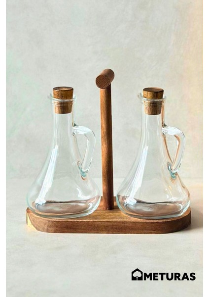 Şeffaf borosilikat cam yağdanlık ve sirkelik seti, ahşap stand, 5 parça, 300 ml fiyatları