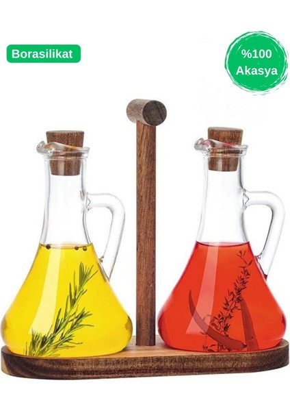 Şeffaf borosilikat cam yağdanlık ve sirkelik seti, ahşap stand, 5 parça, 300 ml modelleri