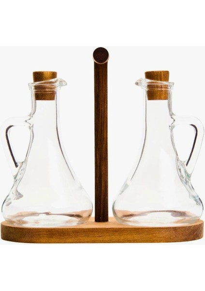 Şeffaf borosilikat cam yağdanlık ve sirkelik seti, ahşap stand, 5 parça, 300 ml indirimleri