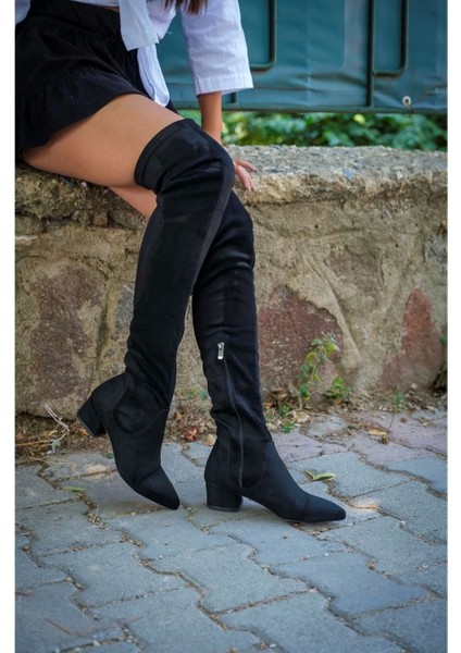 Kadın Elegant Ayakkabı Kısa Topuklu Diz Üstü Streç Çizme Özel Tasarım Abiye Ayakkabı fiyatları