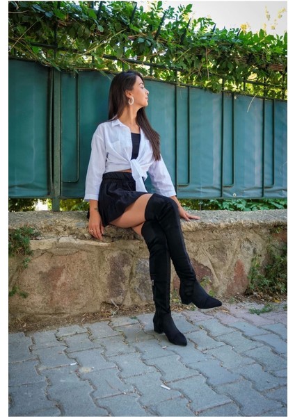 Kadın Elegant Ayakkabı Kısa Topuklu Diz Üstü Streç Çizme Özel Tasarım Abiye Ayakkabı