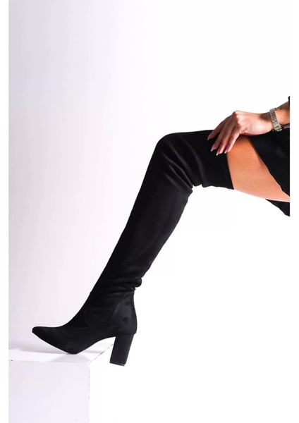 Kadın Süet Görünümlü Diz Üstü Kalın Topuklu Sivri Burun Çizme Fermuarlı Şık Model