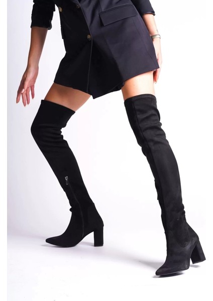 Kadın Süet Görünümlü Diz Üstü Kalın Topuklu Sivri Burun Çizme Fermuarlı Şık Model fiyatları