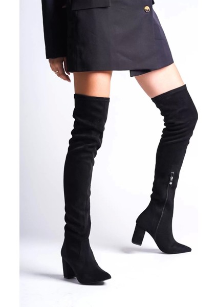 Kadın Süet Görünümlü Diz Üstü Kalın Topuklu Sivri Burun Çizme Fermuarlı Şık Model fırsatları