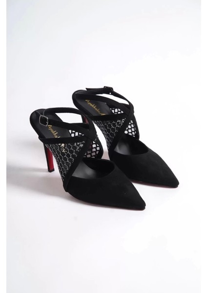 Kadın Elegant Ayakkabı File Detaylı Ince Topuklu Ayakkabı Stiletto Tasarım Abiye Ayakkabıı