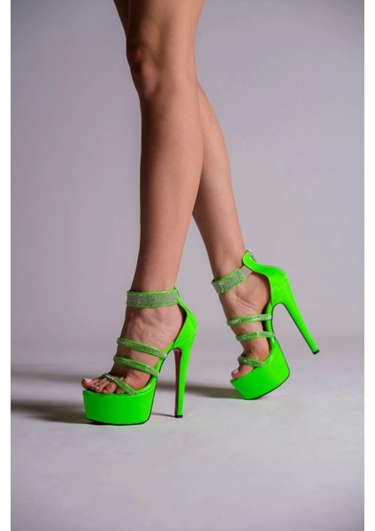 Kadın Taşlı Neon Platform Ince Topuklu Sandalet Gece Şıklığı Model