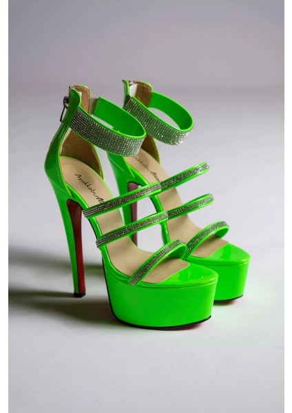 Kadın Taşlı Neon Platform Ince Topuklu Sandalet Gece Şıklığı Model