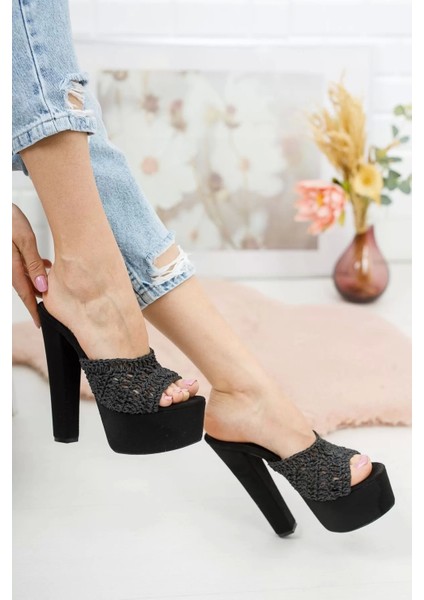 Kadın Elegant Ayakkabı Siyah Süet Fileli Kalın Topuklu Terlik Özel Tasarım Abiye Ayakkabı fiyatları